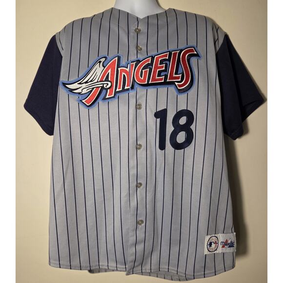 Anaheim Angels Jersey Mens XL MLB Majestic Pinstripe Vtg 90s #18 J Duffy USA - Picture 1 of 11